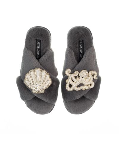Laines London Classic Laines Slippers With Pearl Beaded Octopus & Shell Brooches - Black