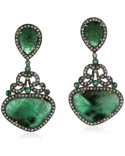 Artisan Unshaped Emerald & Diamond In 18k Solid Gold With Silver Vintage Dangle Earrings - Green