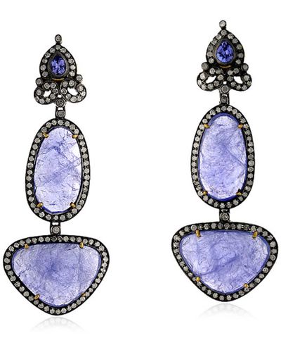 Artisan 18k Gold Silver With Tanzanite Pave Diamond Two Tier Earrings - Blue