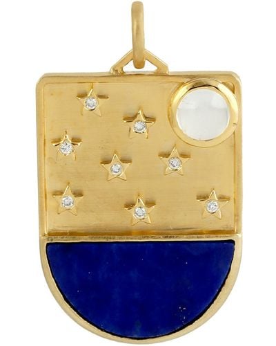 Artisan 14k Gold Diamond & Bezel Set Moonstone With Lapis Gemstone In Star Moon Antique Pendant - Yellow