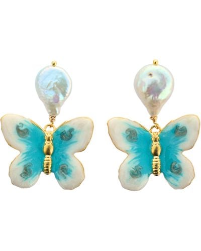 The Pink Reef Small Pearl Butterfly In Turquoise & Pearl - Blue