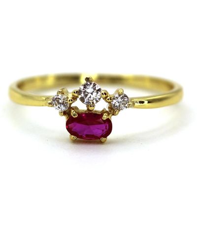 VicStoneNYC Fine Jewelry Natural Oval Cut Ruby With Natural White Diamonds Yellow Ring