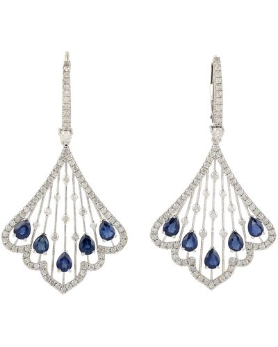 Artisan Handmade 18k White Gold Pave Diamond Blue Sapphire Dangle Earrings Jewelry