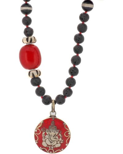 Ebru Jewelry Black Ganesha Yoga Beaded Necklace - Red
