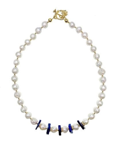 Farra Freshwater Pearls With Lapis Flat Cut Hexagon Short Necklace - Metallic