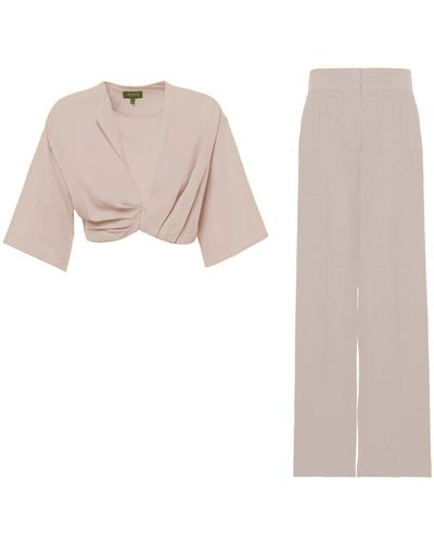 BLUZAT Neutrals Matching Set With Cropped Shirt And Staight Trousers - White