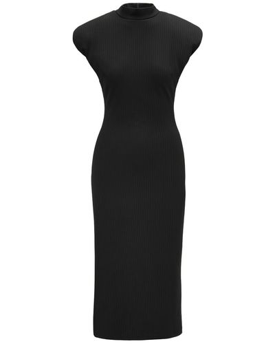 BLUZAT Midi Dress With Oversized Shoulders And Side Slit - Black