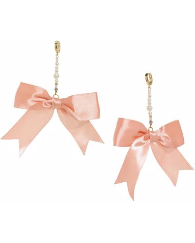 I'MMANY LONDON Ballerina Satin Ribbon Bow & Pearl Drop Earrings With Gold Plated huggie Hoop - Pink