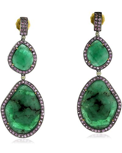 Artisan 18k Gold & 925 Silver In Emerald With Sapphire Pave Diamond Designer Dangle Earrings - Green