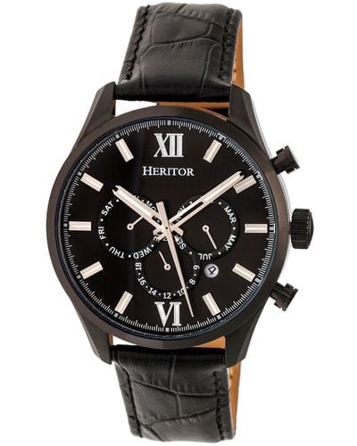 Heritor Benedict Leather-band Watch With Day And Date - Black