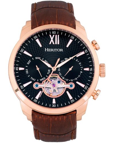 Heritor Arthur Semi-skeleton Leather-band Watch With Day And Date - Pink