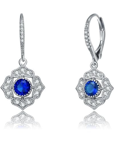 Genevive Jewelry Sterling Silver Sapphire Cubic Zirconia Petal Flower Drop Earrings - Blue