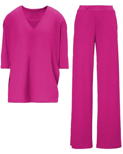 BLUZAT Ribbed Fuchsia Matching Set With Blouse And Pants With Slit - Pink