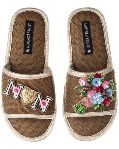 Laines London Straw Braided Mother's Day Sandals With Flower Bouquet & Nan Brooches - Brown