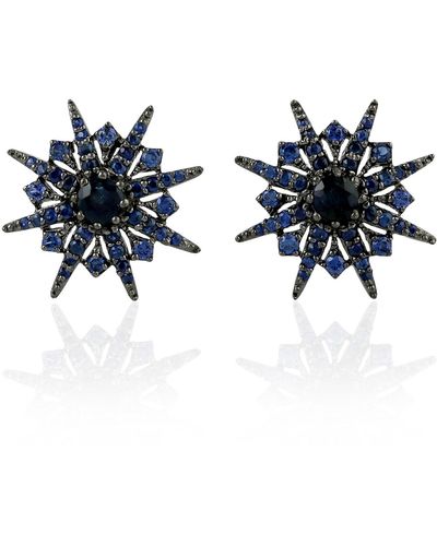 Artisan Blue & Black Sapphire Gemstone In 18k Solid Star Burst Stud Earrings