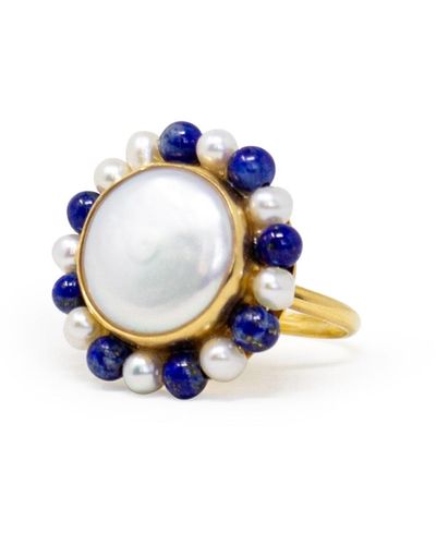Vintouch Italy Lotus Gold-plated Pearl And Lapis Ring - Blue