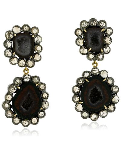 Artisan Geode Dangle Earrings 18k Yellow Gold 925 Sterling Silver Handmade Jewellery - Black