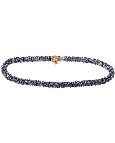 Artisan 14k Solid Gold & Sterling Silver In Blue Sapphire Gemstone Fixed & Flexible Tennis Bracelet