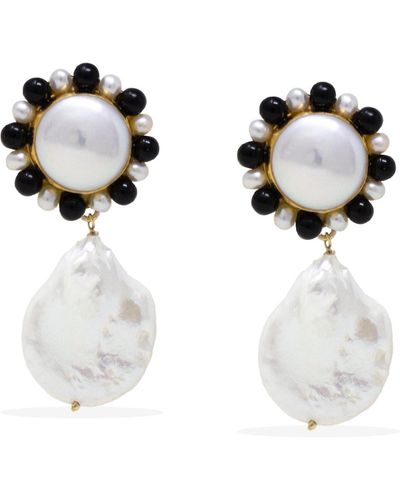 Vintouch Italy Lotus Gold-plated Pearl And Onyx Earrings - White