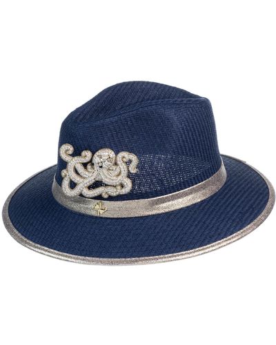 Laines London Straw Woven Hat With Pearl Beaded Octopus - Blue