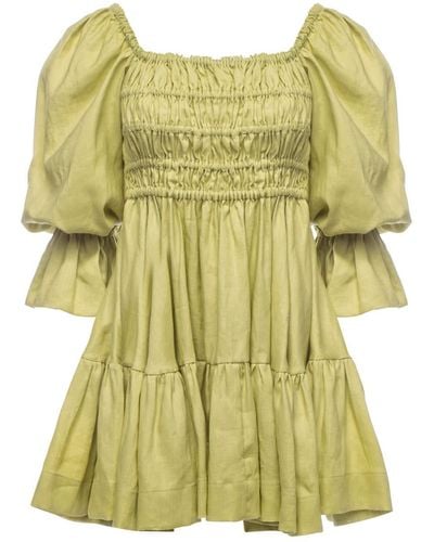 Vasiliki Atelier Amelia Ruched Mini Linen Dress In Lime Cream - Green