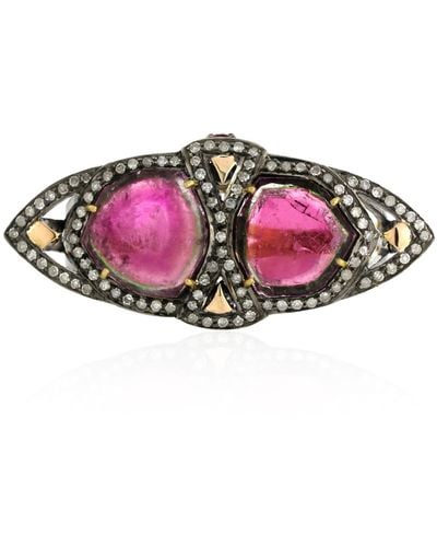 Artisan 18k Gold Tourmaline Diamond 925 Sterling Silver Double Finger Ring Jewellery - Pink