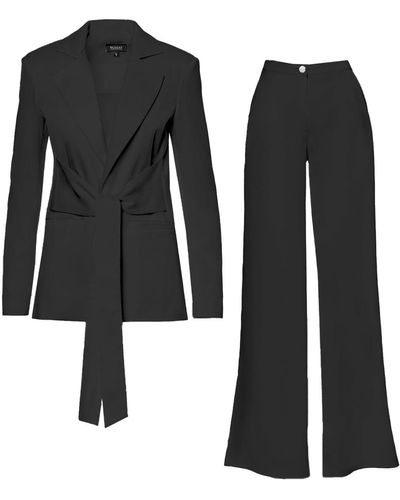 BLUZAT Suit With Blazer With Scarves And Wide Leg Pants - Black