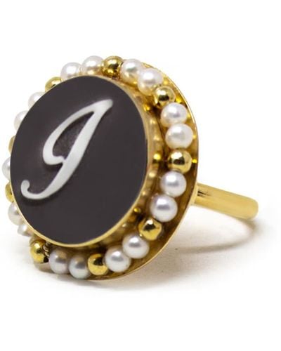 Vintouch Italy Gold Vermeil Black Cameo Pearl Ring Initial J - Metallic