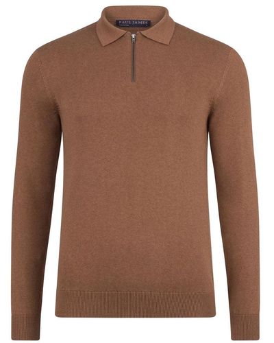 Paul James Knitwear S Lightweight Finley Cotton Zip Neck Polo Shirt - Brown