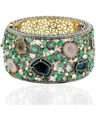 Artisan 18k Yellow Gold & 925 Silver Diamond Emerald Sapphire Bangle - Green