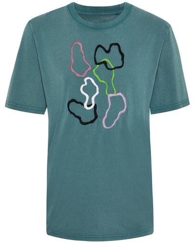 INGMARSON Abstract Embroidered Organic Cotton T-shirt Teal - Green