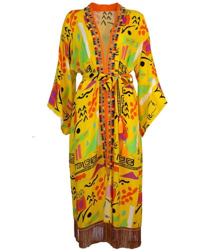 Lalipop Design Yellow Viscose Kimono With Embroidery Border