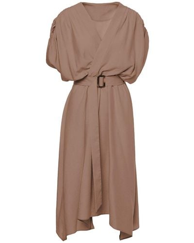BLUZAT Linen Midi Dress With Belt - Brown