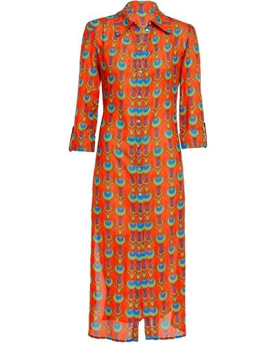 N'Onat Linda Long Shirt Dress With Tulip Design In Coral - Orange