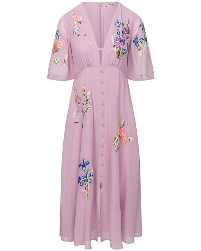 Hope & Ivy The Alma Embroidered Plunge Button Front Flutter Sleeve Midi Dress - Purple