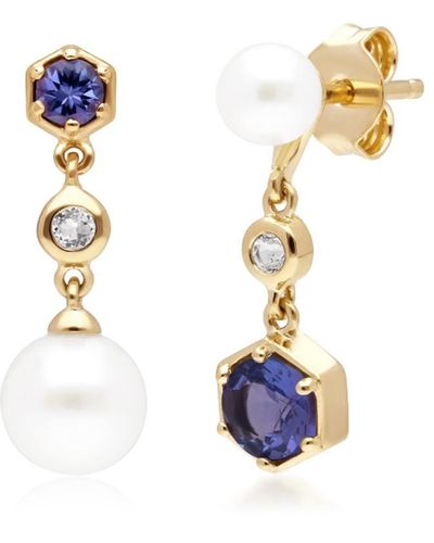 Gemondo Modern Pearl, Tanzanite & Topaz Mismatched Drop Earrings In Yellow Gold Plated Sterling Silver - Blue