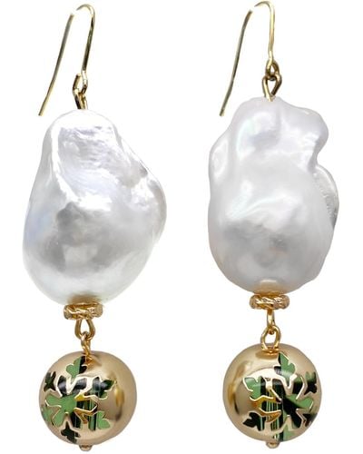 Farra Christmas Style Baroque Pearls With Snowflake Ball Dangle Earrings - White