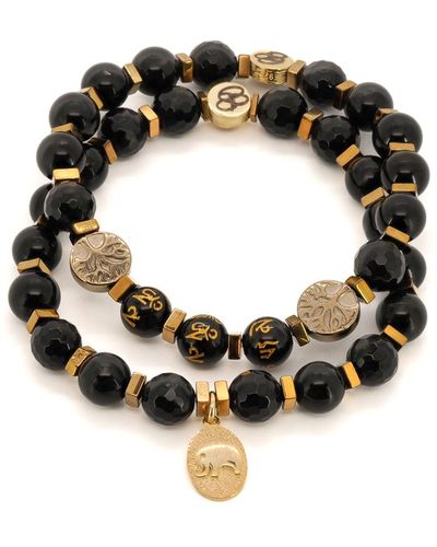 Ebru Jewelry Black Onyx Stone Beaded Gold Elephant Charm Mantra Bracelet Set