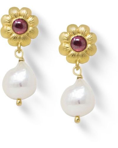 Vintouch Italy Mini Flower Gold-plated Rhodolite Earrings - Metallic