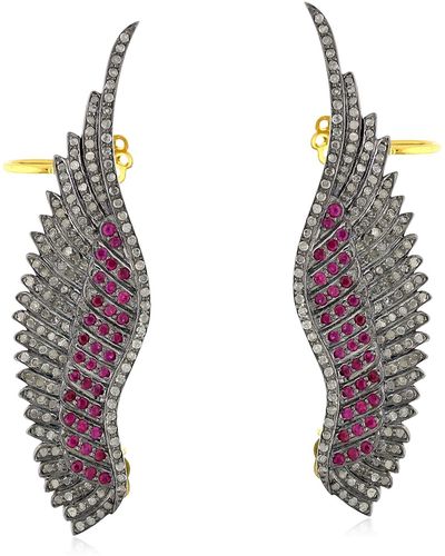 Artisan Natural Pave Diamond & Ruby Feather Ear Cuff Earrings In 18k Solid Gold 925 Silver - Metallic