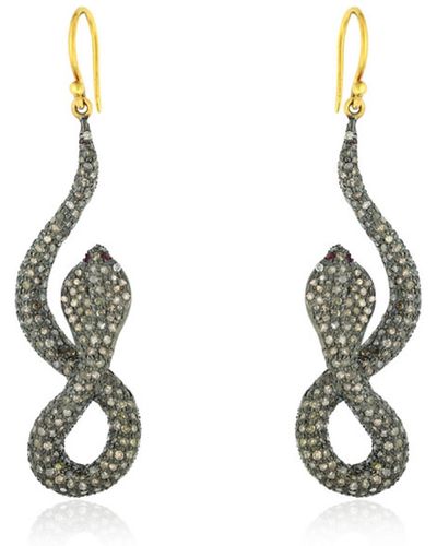 Artisan Natural Pave Diamond Ruby Made In 18k Gold & 925 Silver Snake Hook Earrings Jewellery - Metallic