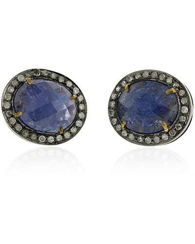 Artisan 925 Sterling Silver Natural Diamond 18k Gold Tanzanite Stud Earrings - Blue
