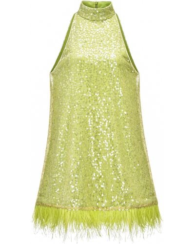 Amy Lynn Esther Green Sequin Feather Trim Dress - Yellow