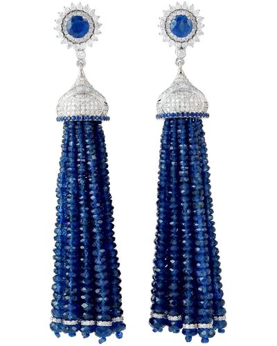 Artisan 18k White Gold Blue Sapphire Diamond Tassel Earrings Handmade Jewellery
