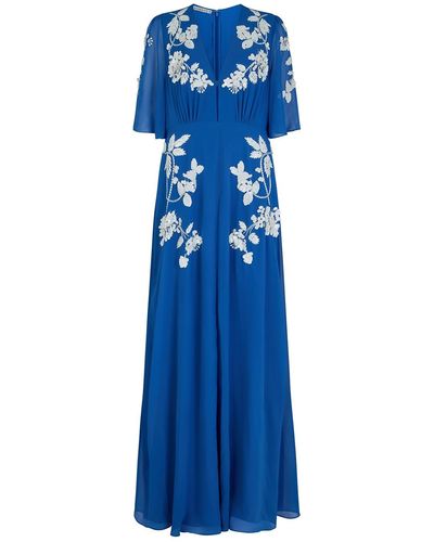 Hope & Ivy The Eloise Plunge Front Embellished Maxi Dress With Flutter Sleeve - Blue