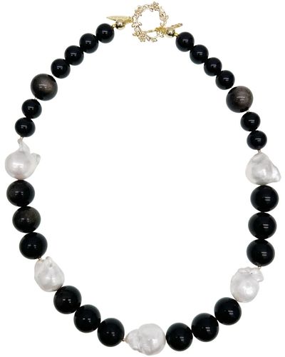 Farra Timeless nugget Black Obsidian With Baroque Pearls Chunky Necklace