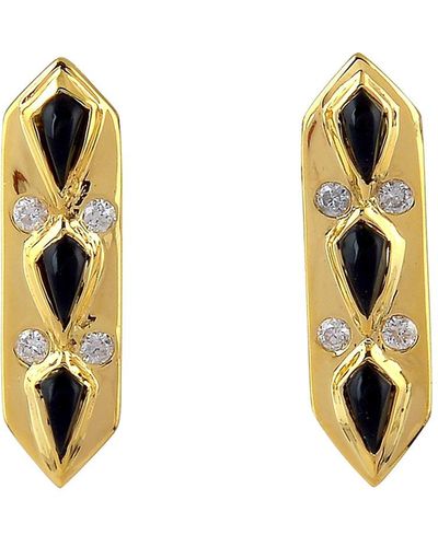 Artisan Gold Diamond Designer Onyx Stud Earrings Handmade - Metallic