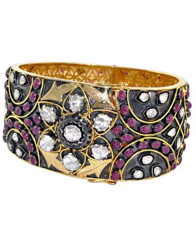 Artisan Natural Uncut Diamond & Ruby 14k Gold 925 Silver Victorian Vintage Bangle Bracelet - Multicolor