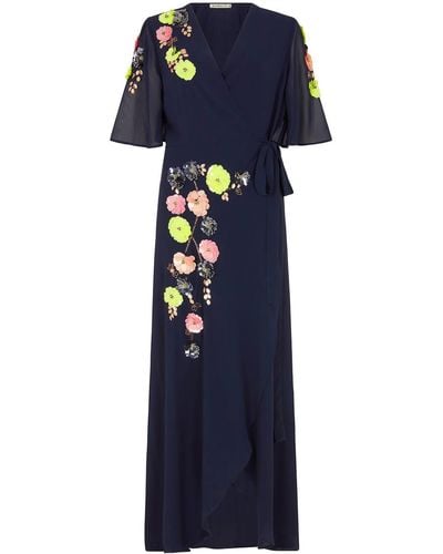 Hope & Ivy The Farrah 3d Embellished Flutter Sleeve Maxi Wrap Dress With Tie Waist - Blue