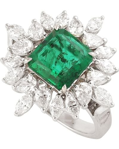 Artisan Princess Cut Emerald & Marquise Cut Diamond In 18k White Gold Antique Cocktail Ring - Green